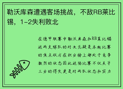 勒沃库森遭遇客场挑战，不敌RB莱比锡，1-2失利败北